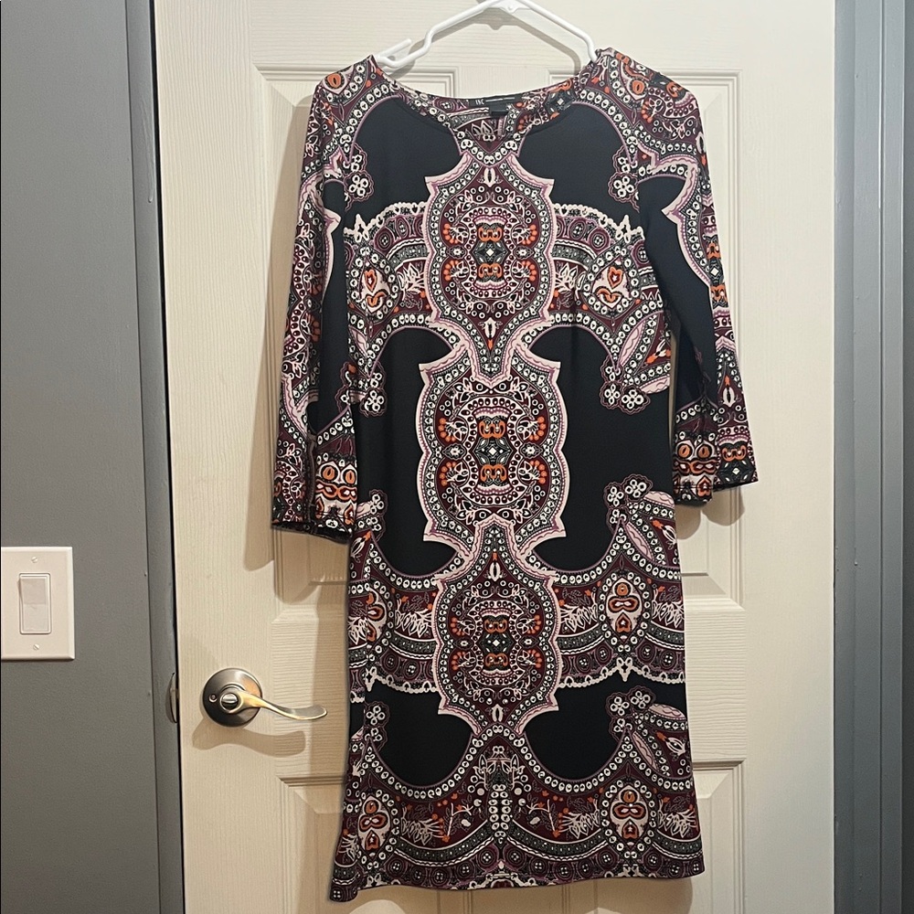 INC International Concepts Black and Pink Patterned Long Sleeve Dress